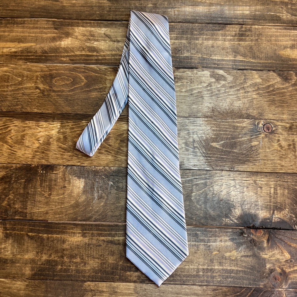 Calvin Klein Mens Silk Necktie Blue Grey White Diagonal Striped Classic Tie
